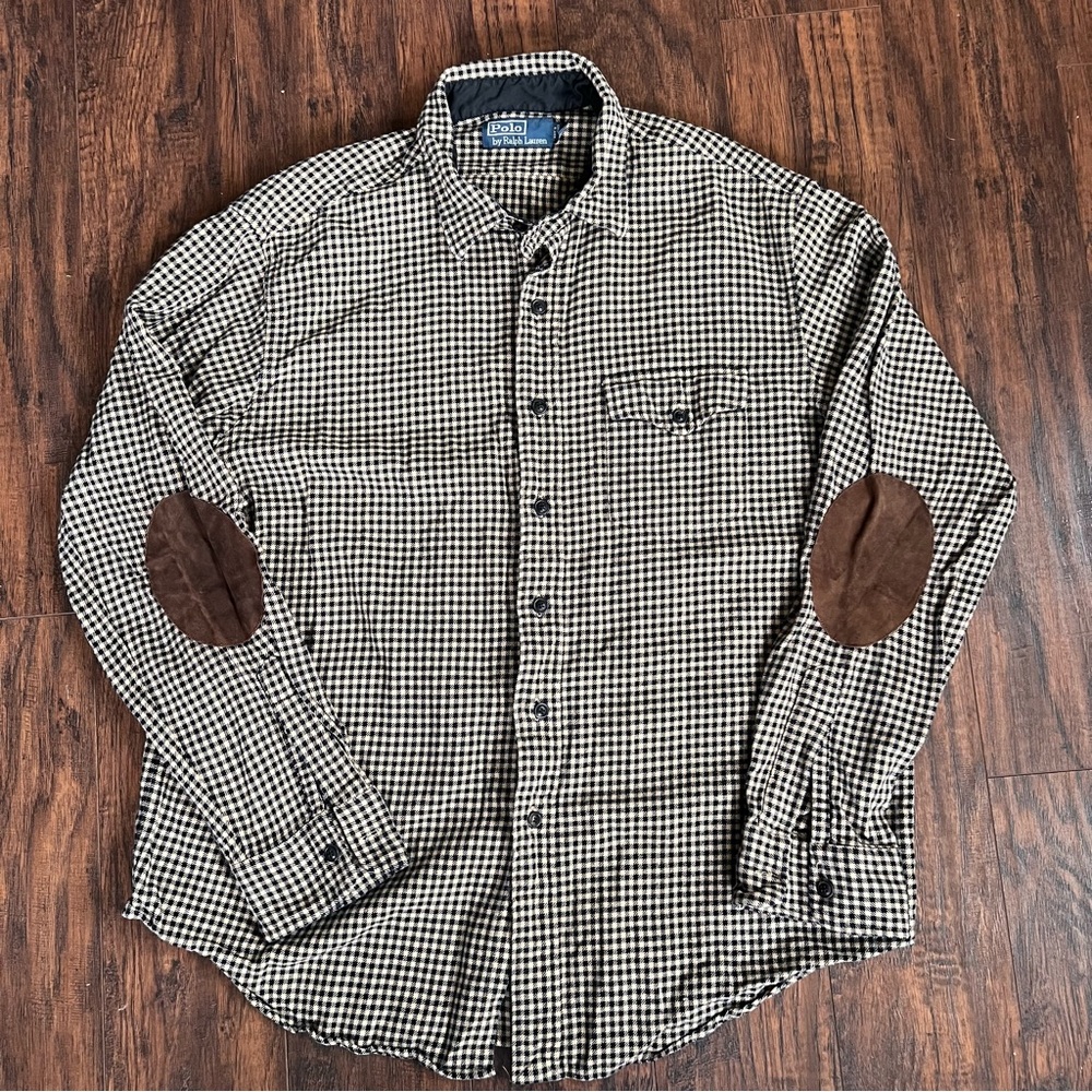 Polo Ralph Lauren Button Shirt XL Men’s Flannel Elbow Patch Black Tan Checkered